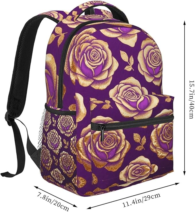 Rucksacks Multipurpose Anti-Theft Big Capacity Bookbag, Purple Gold Rose Art Travel Hiking Camping Rucksack With Padded Straps