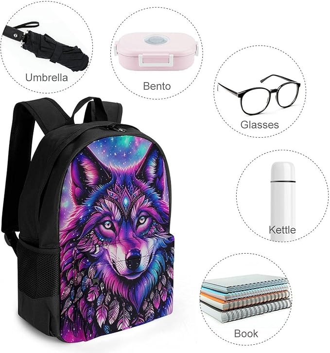 Supdreamc Backpack Polyester Anti-Theft Multipurpose Naive Wolf Head Pink Bookbag Large Capacity Laptop Book Bag Rucksack With Side Pockets