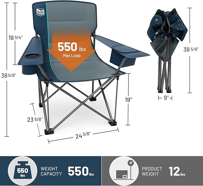 TIMBER RIDGE Oversized Folding Camping Chair Support 550 LBS, Heavy Duty Portable Chairs with Cup Holder Side Pocket for Lawn, Outdoor Picnic, Fishing, 2 Pack(Navy)