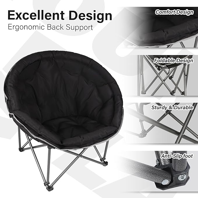 Oversized XXL Folding Round Camping Chair,Super Comfy Padded Moon Camp Chairs,Heavy Duty Supports 440 Lbs Outdoor Lawn Chairs for Adults,Perfect for Indoor,Family Camping,Picnics and Garden,Black