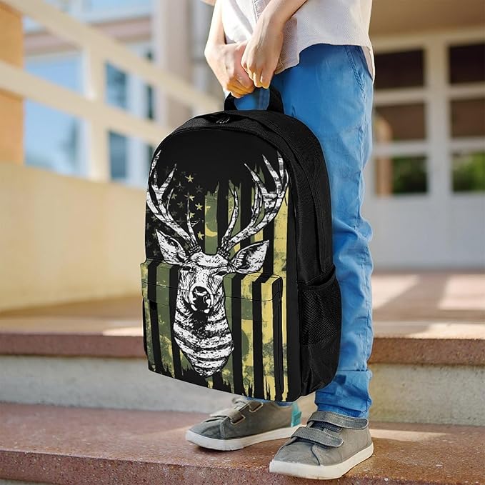 Lightweight Rucksacks for Camping Picnic Walking Cycling, Large Capacity Multipurpose Anti-Theft Carry On Bag, Camouflage American Flag Hunting Camo Deer Black Travel Hiking Camping Rucksack