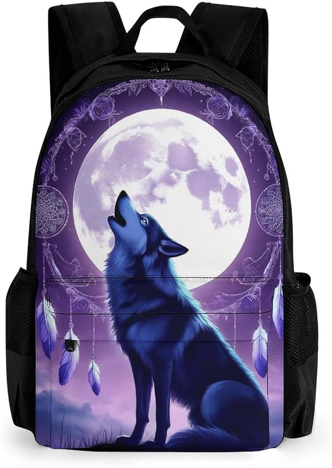 Supdreamc Men Women Polyester Moon Dream Catcher Native American Wolves Daypack Big Capacity Shoulder Bag With Smooth Zippers for Hiking Work Walking Cycling