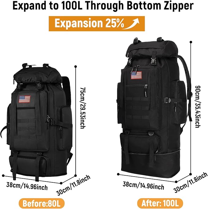 JUMAHE 100L Hiking Backpack for Men - Rucksack Molle Military Tactical Waterproof Lightweight Camping Backpack 3 Day Assault Pack for Travel, Climbing, Backpacking