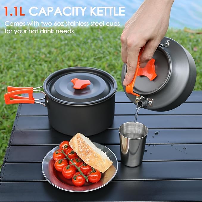 Camping Cookware Mess Kit, Non-Stick Lightweight Camping Pots and Pans with Kettle, Stainless Steel Cups Plates Forks Knives Spoons for Backpacking, Hiking, Outdoor Cooking