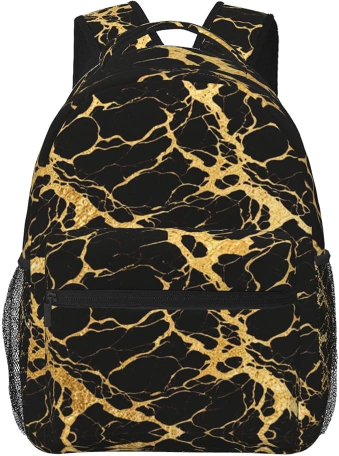 Backpack Anti-Theft Multipurpose Large Capacity Carry On Bag, Black Marble Gold Texture Art Camping Outdoor Backpack With Side Pockets