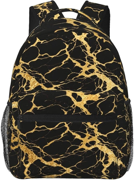 Backpack Anti-Theft Multipurpose Large Capacity Carry On Bag, Black Marble Gold Texture Art Camping Outdoor Backpack With Side Pockets
