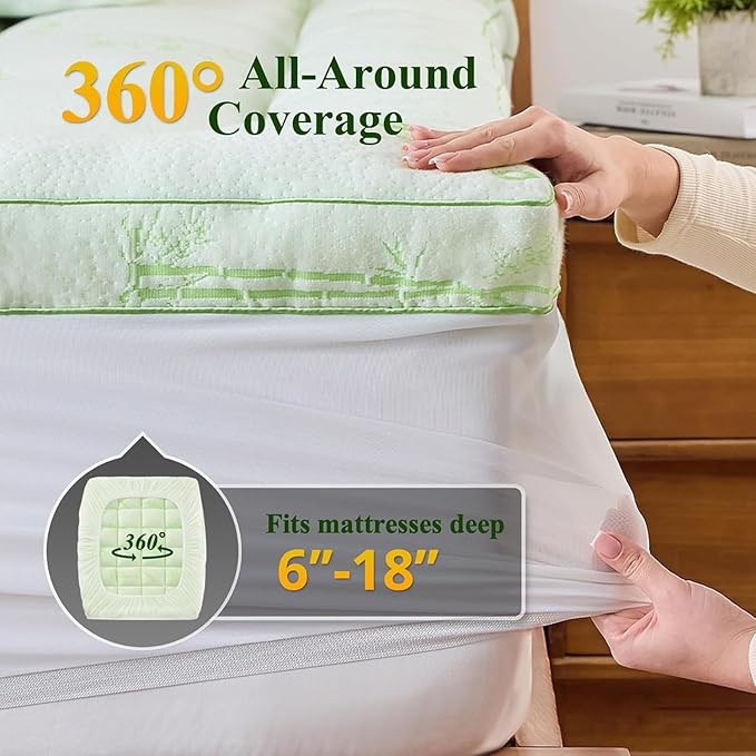 Memory Foam Mattress Topper - Viscose Made from Bamboo Pillow Top Thick California King Size Mattress Pad for Back Pain, Ultra Soft & Cooling for Hot Sleepers, 6-18'' Deep Pocket, Green