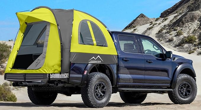 Pickup Truck Tent, Waterproof PU2000mm for Camping 5.5-6 Ft Bed,2-Person Sleeping with Double Layer Design Windows, Portable Overland Tent Expandable Triangle Sunshade Awning