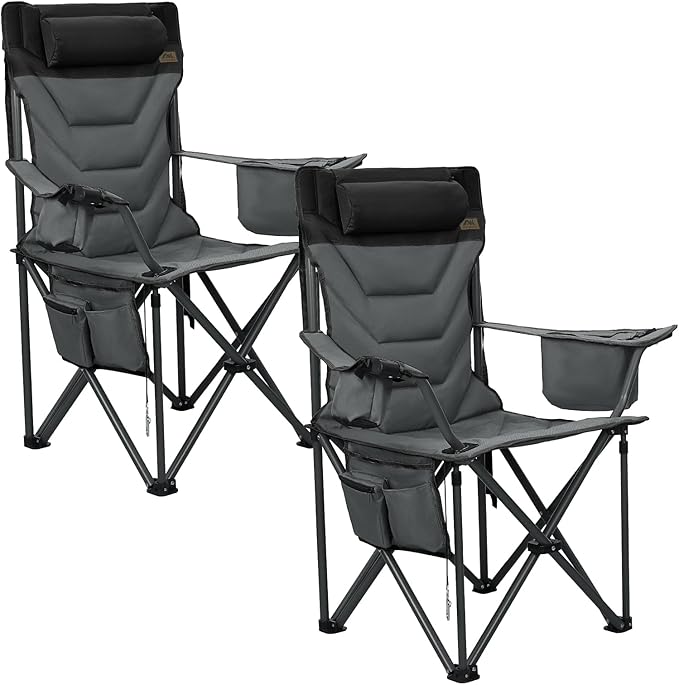 Oversized High-Back Camping Chairs with Pillow, Dual Cup Holders & Cooler Bag - Heavy Duty Foldable Outdoor Chair for Adults, Picnic, Fishing, Backyard, Sports (2, BlackGrey