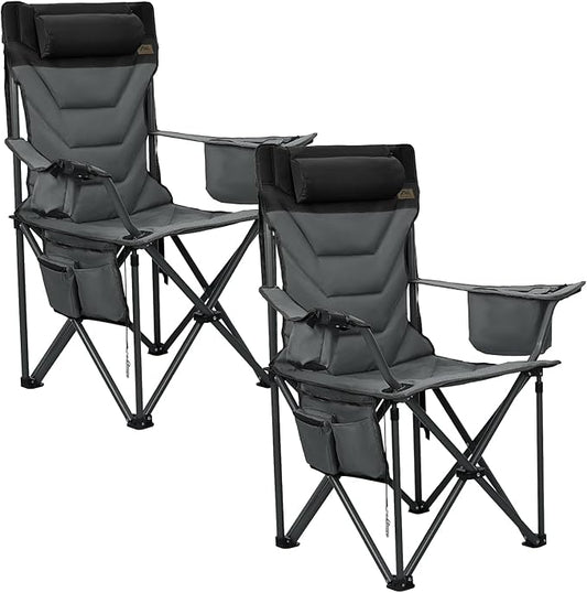 Oversized High-Back Camping Chairs with Pillow, Dual Cup Holders & Cooler Bag - Heavy Duty Foldable Outdoor Chair for Adults, Picnic, Fishing, Backyard, Sports (2, BlackGrey