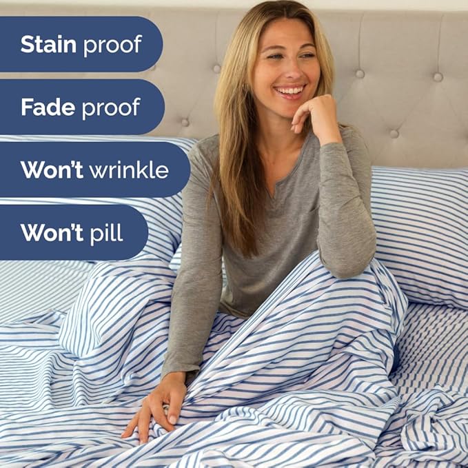 Short Queen Size 4 Piece Sheet Set - RV Short Queen, Soft, Breathable & Cooling Bed Sheets Set w/ Deep Pockets - Hotel Luxury Bedding for Women, Men, Kids, Teens, Boys & Girls, Oeko-Tex - Blue Stripes