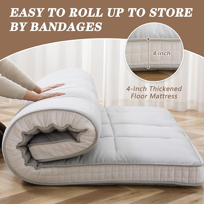 DoCred Full Size Futon Mattress, Extra Thick Foldable Japanese Floor Mattress Memory Foam Sleeping Pad for Adults - Roll Up Mattress Tatami Mat Folding Sleeping Pad Breathable Floor Lounger Guest Bed