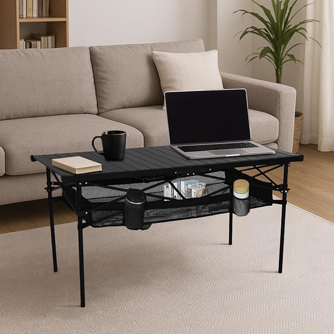 Nice C Portable Folding Camping Table, Aluminum Lightweight Roll-up Top Indoor&Outdoor Table, with Mesh Net, Cup Holder, Carry Bag, Steel Frame, for Camping, Sports, BBQ, Picnic (Black)