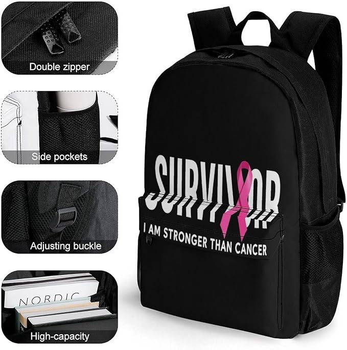 Supdreamc Rucksacks Lightweight Multipurpose Anti-Theft Breast Cancer Survivor Pink Ribbon Black Shoulder Bag Large Capacity Business Computer Bag With Smooth Zippers