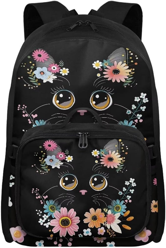 HUGS IDEA Floral Cat Backpack for Girls Cute Bookbag for Kids School Backpack for Girls with Lunch Box Lightweight School Bag for Elementary Students Hiking Rucksack