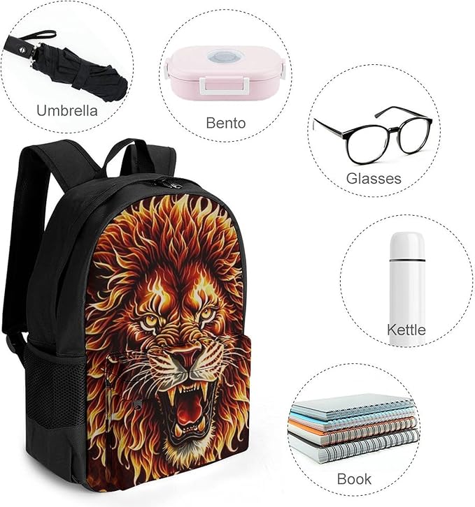 Lightweight Rucksacks for Camping Picnic Walking Cycling, Large Capacity Multipurpose Anti-Theft Carry On Bag, Fierce Wild Animal Angry Fire Travel Hiking Camping Rucksack