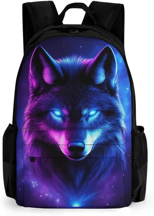 Men Women Polyester Purple Universe Galaxy Magic Wolf In The Space Casual Daypack Large Capacity Carry On Bag With Adjustable Shoulder Straps for Camping Work Running