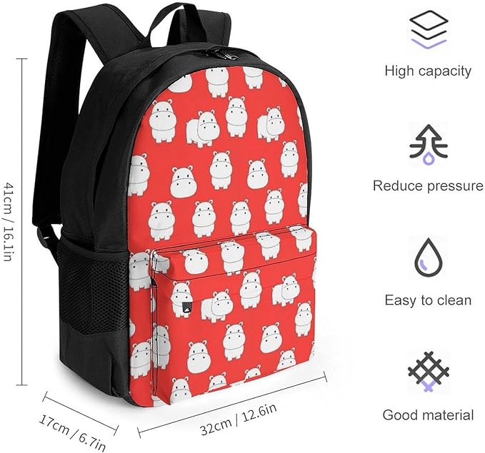Daypack Backpack Polyester Anti-Theft Multipurpose White Hippo Pink Bookbag Big Capacity Travel Hiking Camping Rucksack With Smooth Zippers