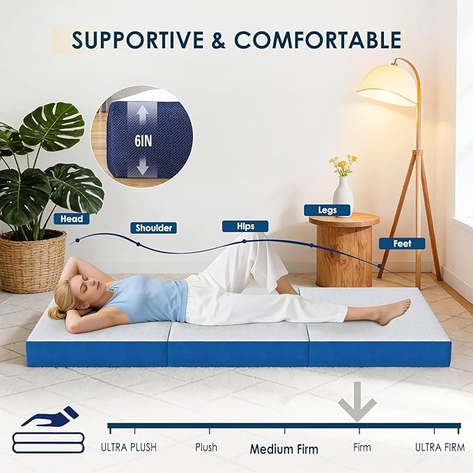 sogesfurniture Twin Size Tri-Fold Mattress，6 inch Folding Mat with Memory Foam & Cooling Gel for Travel & Camping & Yoga, Cover Washable Foldable Mat, CertiPUR-US Certified，White and Bliue