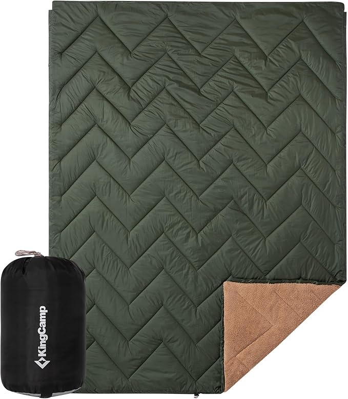 KingCamp Large Camping Blanket with Sherpa Lining, Packable Down Alternative Puffy Printed Wearable Blanket with Snap Buttons, Warm Weatherproof Quilt for Outdoor Travel (79" L x 57" W, Khaki/Olive)