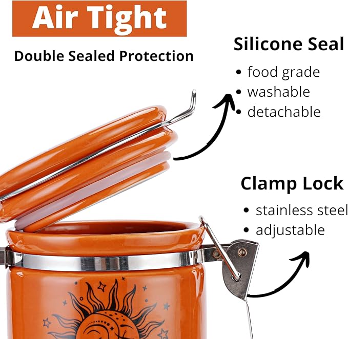 Sun Moon Stash Container Half Oz (250ml), Ceramic Cute Stash Jar Containers w/Clamp Lid, Mystical Celestial Aesthetic Decorative Jar Storage - Double Sealed Airtight Herbs Fresh Jar -Orange