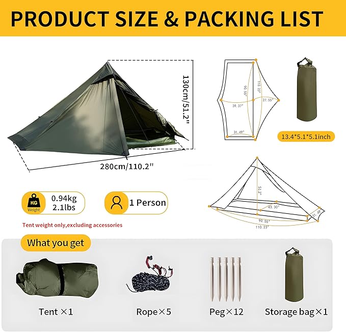 TENPLAY Ultralight 1 Person Tent - 970g 20D Nylon, 130cm Height, PU5000 Waterproof, Easy Setup, NO Trekking Pole for Hiking, Camping & Mountaineering