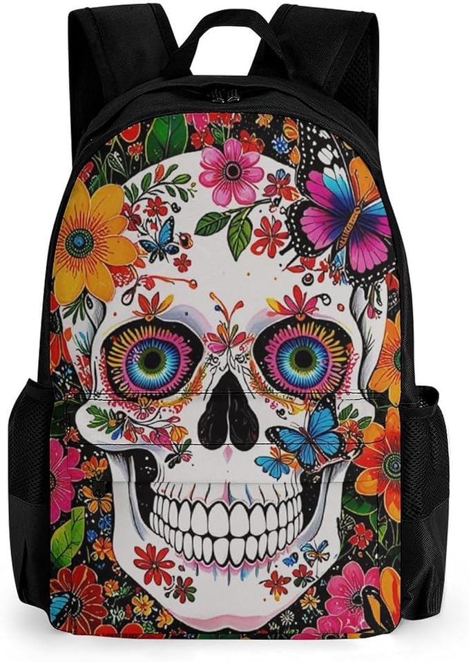 Supdreamc Polyester Daypack Backpack for Climbing Outdoors Running, Big Capacity Multipurpose Anti-Theft Bookbag, Magical Skull Flowers Art Travel Hiking Camping Rucksack
