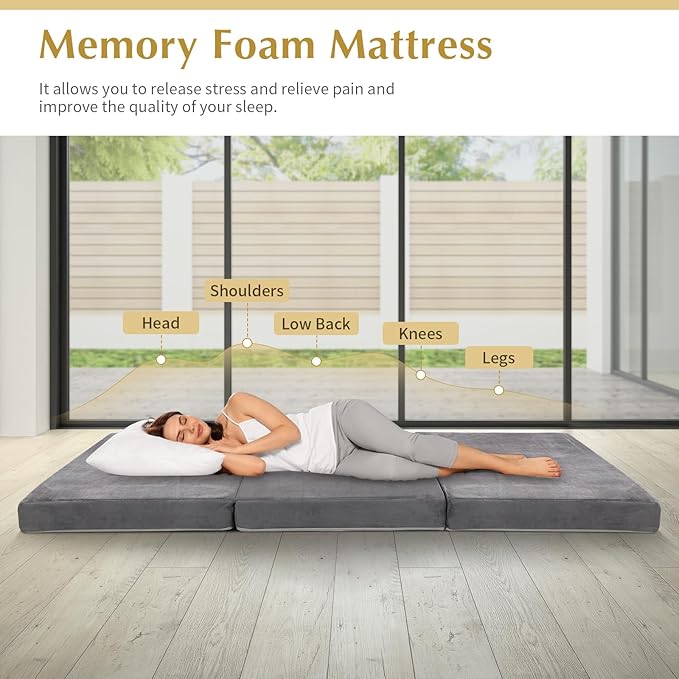 Tri-Fold Memory Foam Mattress,Single Folding Mattress with Handles and Washable Covers,Portable Floor Bed Foldable Mat for Travel & Camping & Yoga,75" x 38" x 4"