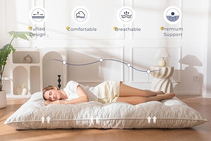 MAXYOYO Floor Mattress Full Size, 6" Chenille Japanese Futon Mattress Foldable Floor Bed for Adults Tufted Roll Up Floor Couch Bed, Tatami Mat Sleeping Pad for Living Room, Bedroom, Beige