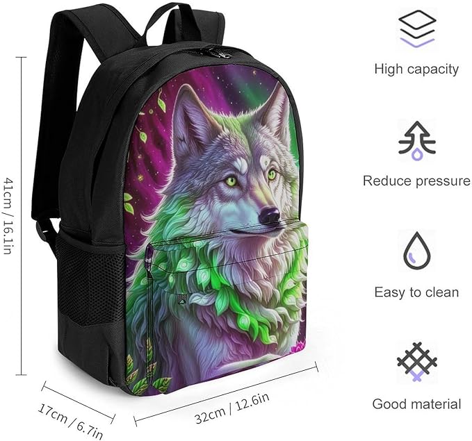 Daypack Anti-Theft Multipurpose Large Capacity Shoulder Bag, Starry Sky Colorful Wolf Leaf Art Travel Hiking Camping Rucksack With Smooth Zippers