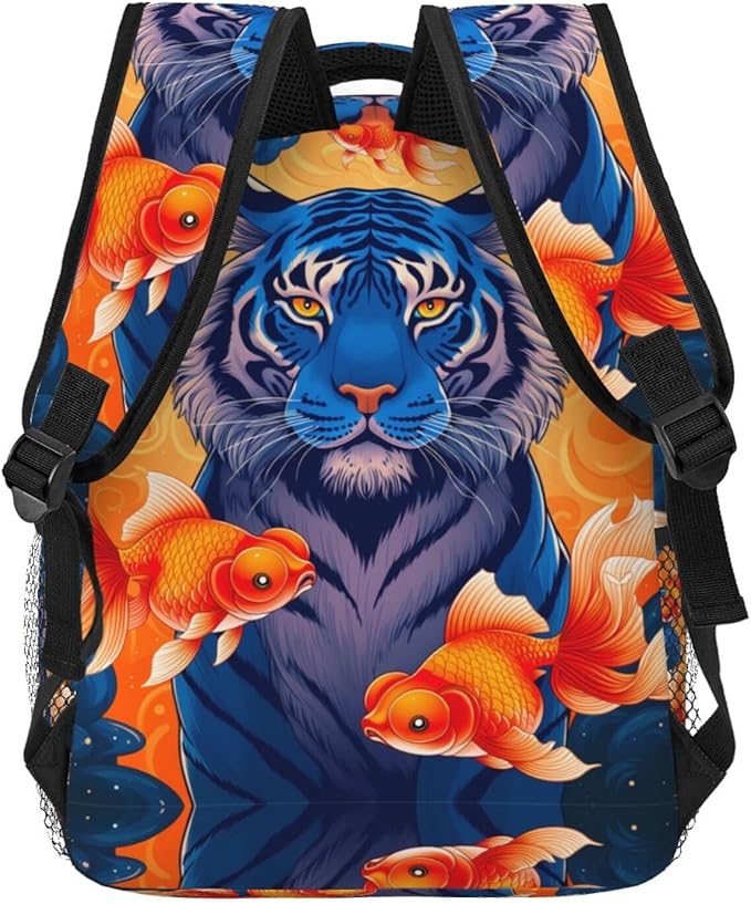Shoulder Book Bags Anti-Theft Multipurpose Big Capacity Bookbag, Watercolor Tiger Gold Fish Art Travel Hiking Backpack With Smooth Zippers