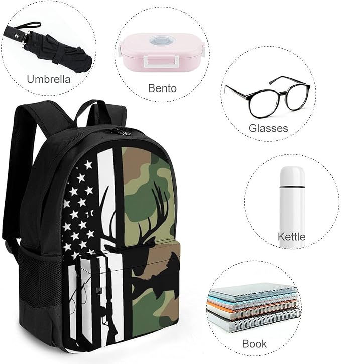Lightweight Daypack Backpack for Sports Travel Running, Large Capacity Multipurpose Anti-Theft Bookbag, Hunting Deer Bass Fishing Lure Camo Camouflage American Flag Black Laptop Backpack Daypack