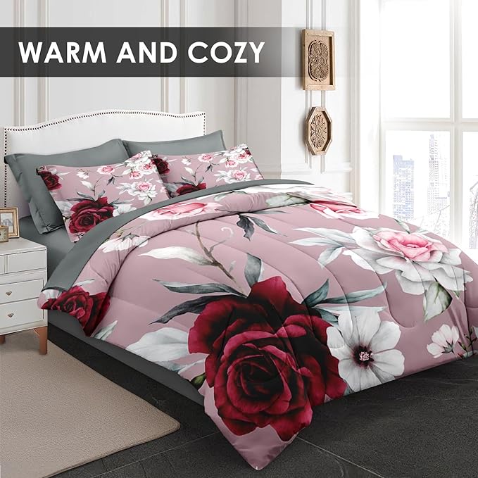 Comforter Set King Size, Rose Flower Leaves 7 Pcs Bedding for Kids and Adults, Painting Vintage Bed Sheet Sets with Fitted Sheet 2 Pillowcases & 2 Shams for Bedroom Bed Decor