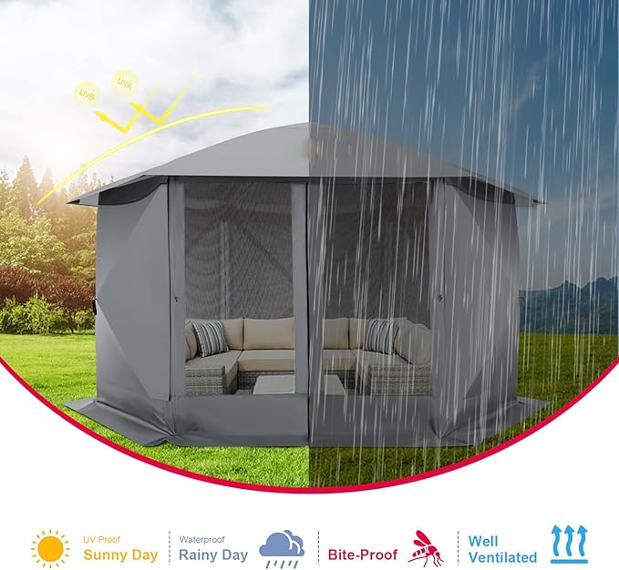 COBIZI 12x12 FT Pop Up Canopy Stargazing Tent, Gazebos On Clearance with Removable Roof,Instant Screened in Gazebo, Screen Tents Portable carpas para Patio for Outdoor Camping,Backyard, Garden,Gray
