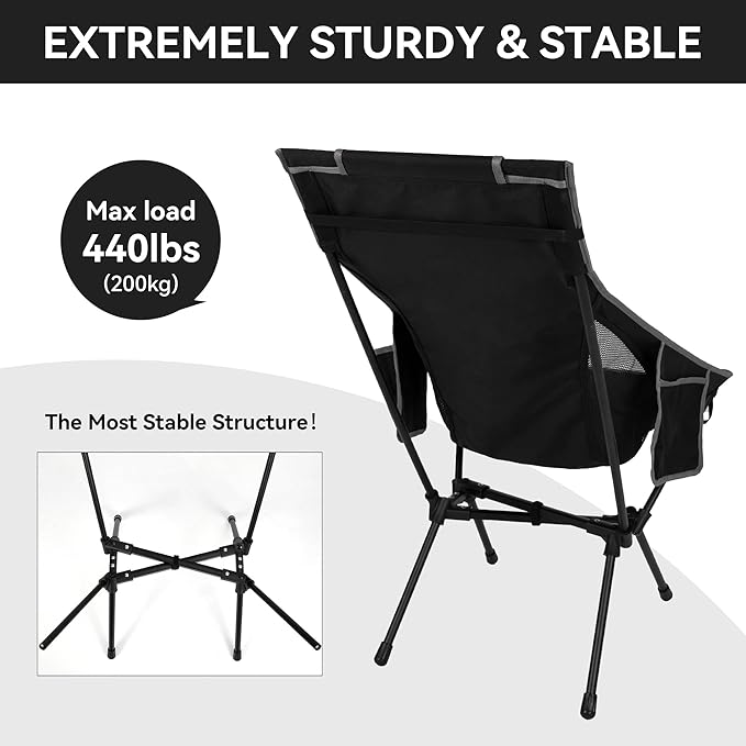 Portable High Back Camping Chair, Support Heavy Duty 440 lbs, Compact Folding Backpacking Chair with Detachable Pillow for Camp, Hiking, Backpacking(Black)