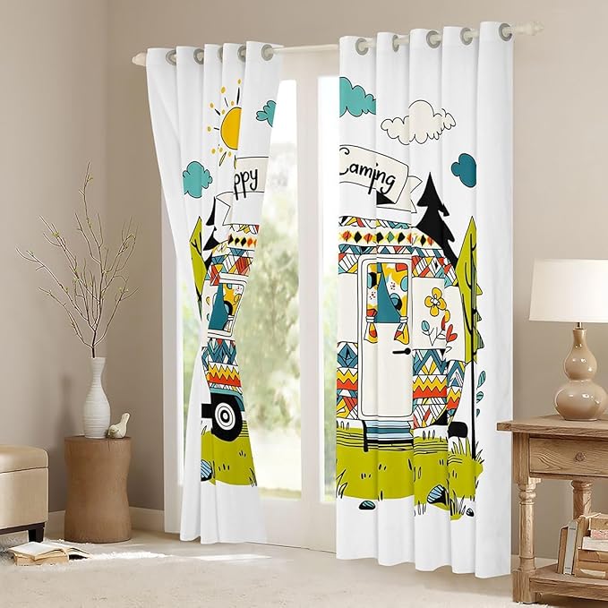 Erosebridal Kids Happy Camping Window Drapes Rv Camper Blackout Curtains 42" Wx90 L Vehicles Camping Decor Curtains for Bedroom Living Room,Rustic Camp Travel Car Window Treatments 2 Panels