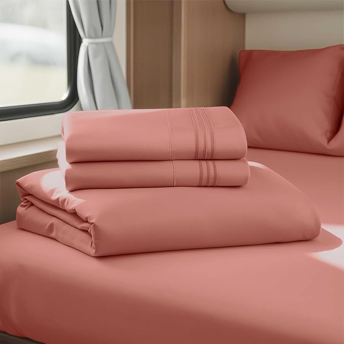 Hearth & Harbor Short Queen Sheets for RV, Pink Clay RV Queen Sheets, Silky Soft 1800 Microfiber Bed Sheet for Camper, 4 Piece RV Bedding with Pillowcases