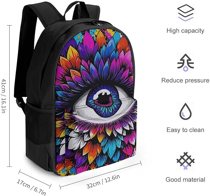 Men Women Lightweight Psychedelic Trippy Eye Lotus Art Backpack Large Capacity Carry On Bag With Padded Straps for Sports Work Walking Cycling
