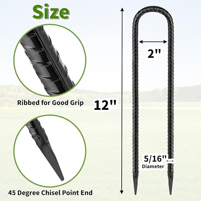 12 Inches Trampoline Wind Stakes, Heavy Duty U Stakes for Ground, 8-Pack Trampoline Tie Down Anchor Kit for Swing Set and Soccer Goal Galvanized Steel Anchors Black