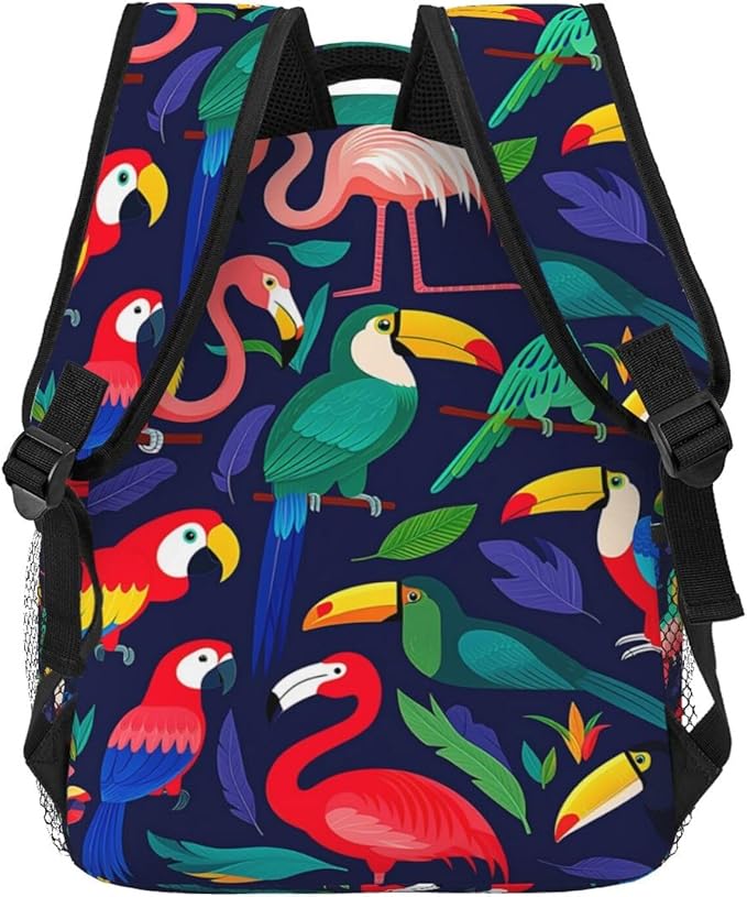 Rucksack Multipurpose Anti-Theft Big Capacity Shoulder Bag, Exotic Birds Parrot Flamingo Art Travel Hiking Camping Rucksack With Side Pockets