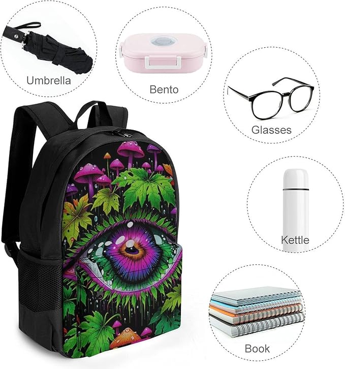 Daypack Backpack Anti-Theft Multipurpose Large Capacity Carry On Bag, Trippy Eye Mushroom Art Traveling Camping Backpack With Side Pockets