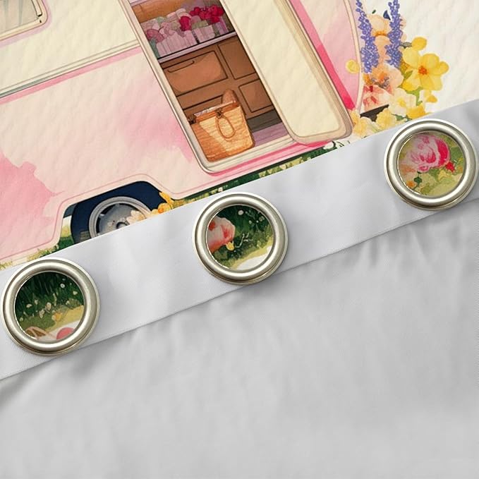 Happy Camping Adventure Boys Girls Room Decor,RV Trailer Cartoon Camper Blackout Curtains,Rose Flowers Leaf Rustic Nature Blackout Curtains,Pink Beige 2 Panels,38Wx45L inch