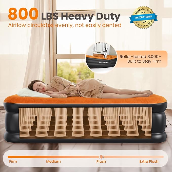 Queen Air Mattress with Built-in Pump, 800 lbs Max Support, Stable Edges Design, 48-Hour Leak-Tested Durable PVC, 3-Min Fast Inflation, Portable Inflatable Bed for Home Guests & Travel
