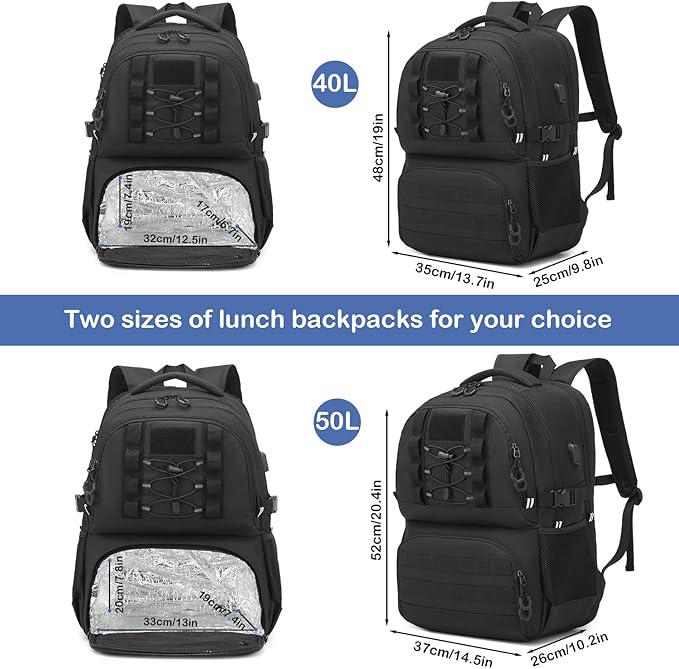 Laptop Lunch Backpack for Men - 50L Large Capacity Insulated Cooler Backpack with Lunch Compartment and USB Post, RFID Work Backpack for Work, Travel, Picnic, Black