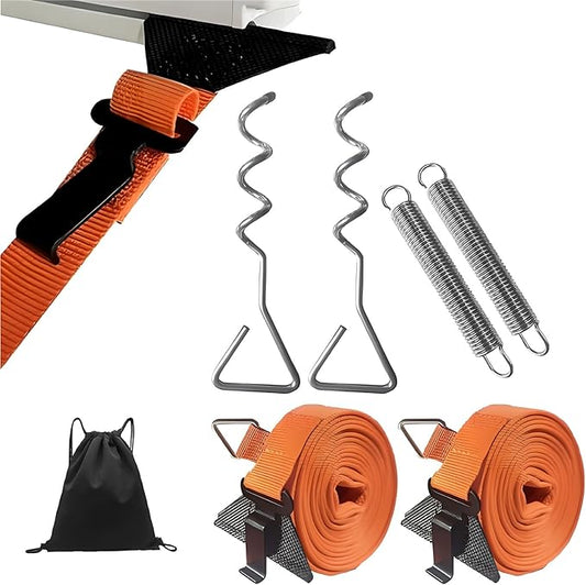 RV Awning Tie Down Kit, Campers Awning Anchors Accessories, Wind Protection RV Awning Anchor Kit, Includes Ratchet Strap, Buffer Tension Spring and Storage Bag for Most Campers Outdoor Camping