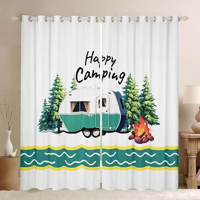 Camping Adventure Blackout Curtains,Stripe RV Trailer Cartoon Camper Boys Girls Room Decor,Bonfire Campfire Pine Tree Rustic Window Drapes,Natural Green 2 Panels,52Wx96L inch