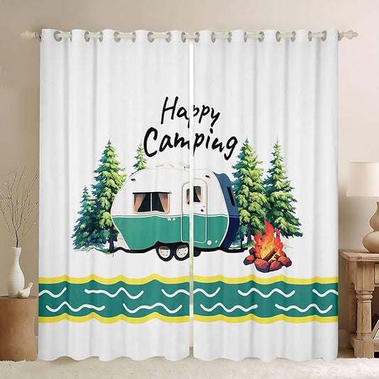 Camping Adventure Blackout Curtains,Stripe RV Trailer Cartoon Camper Boys Girls Room Decor,Bonfire Campfire Pine Tree Rustic Window Drapes,Natural Green 2 Panels,52Wx96L inch