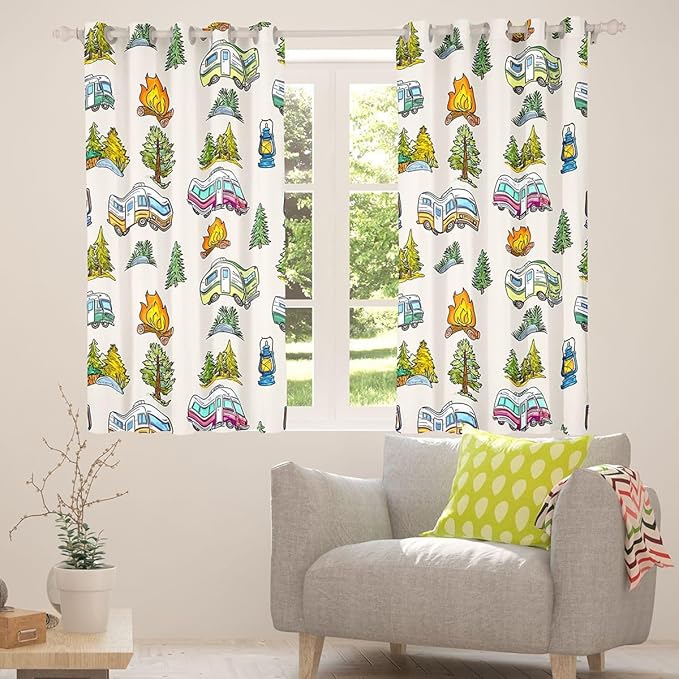 Feelyou Vintage Camper Blackout Curtains Rustic Camping Trailer Darkening Drapes for Bedroom Living Room Decor Happy Camping Thermal Insulated Shades Window Treatments, 2 Panels 42 x 84 Inch