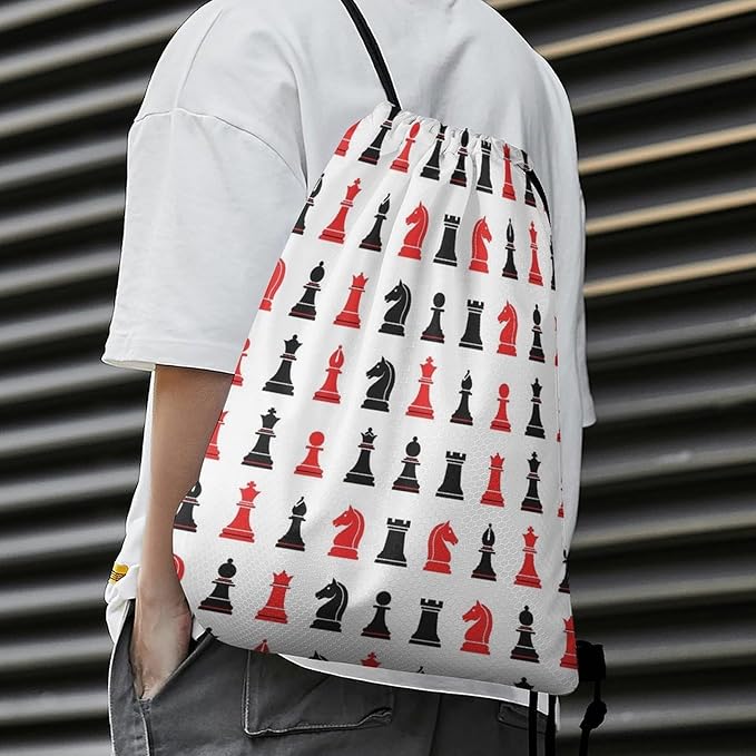 Large Capacity Beam Backpack Drawstring Sack for Basketball Sports Gear Travel Storage Men Women Unisex, Chess Pattern Bags