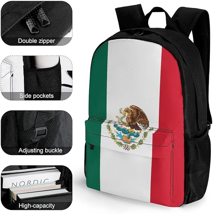 Daypack Backpack Anti-Theft Multipurpose Big Capacity Bookbag, Mexican Mexico Flag Business Computer Bag With Side Pockets
